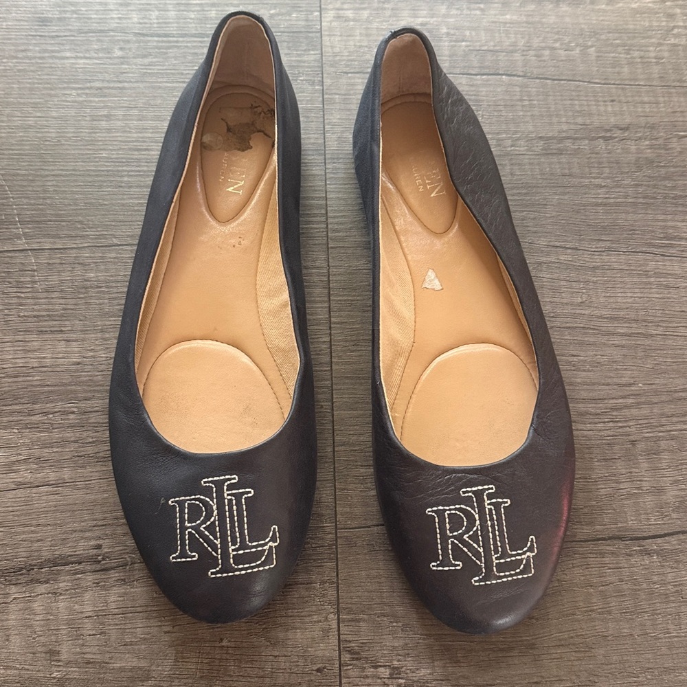 Ralph Lauren Navy Leather Ballet Flats Embroidered RL Logo Size 7.5